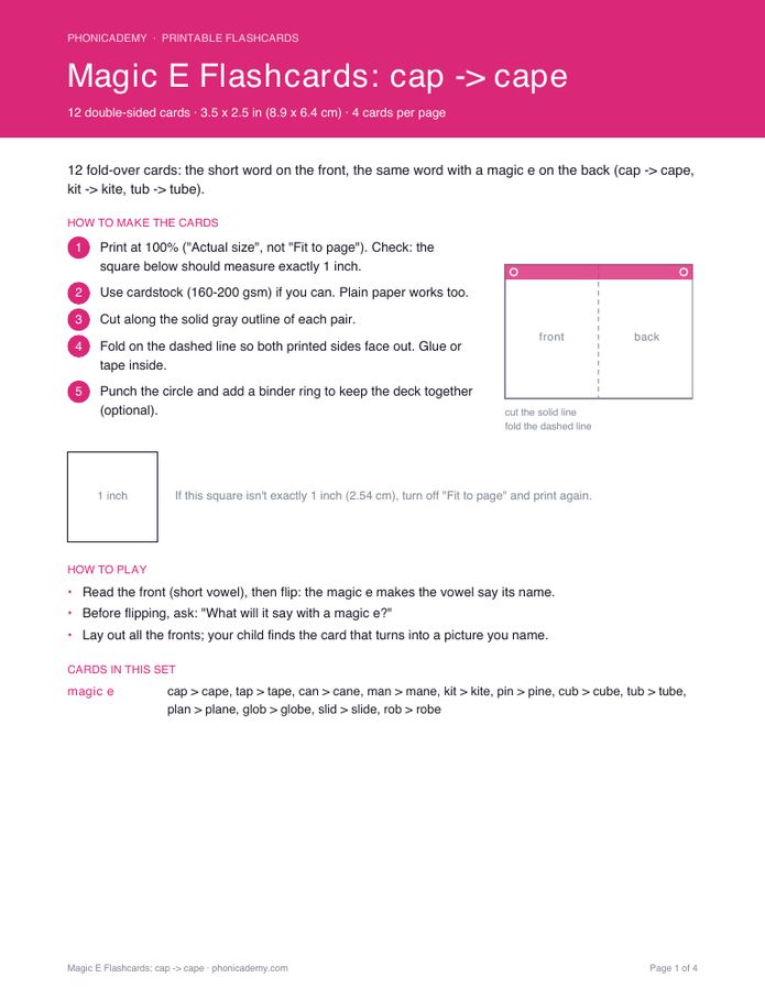 Magic E Flashcards: cap → cape (PDF)