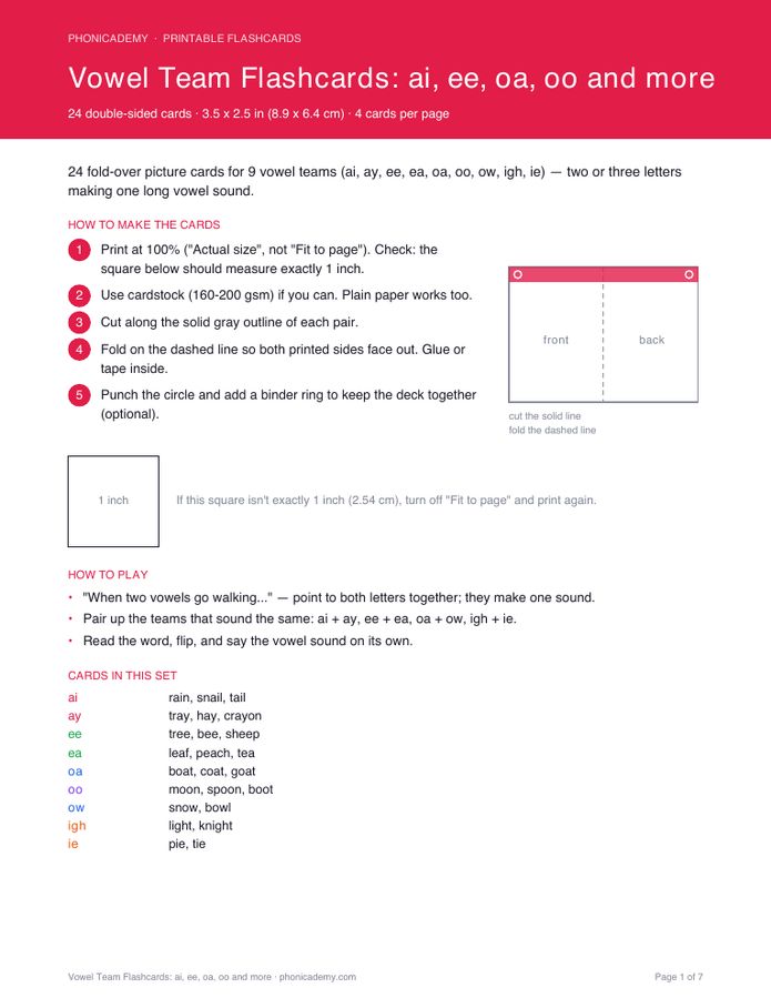 Vowel Team Flashcards: ai, ee, oa, oo and more (PDF)