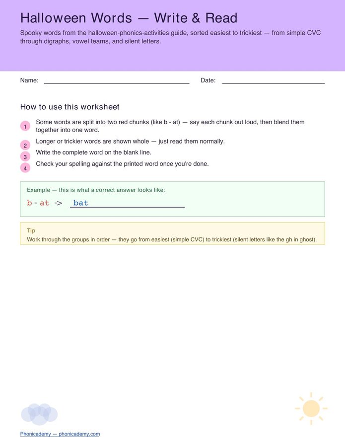 Halloween Words — Write & Read (Free PDF)