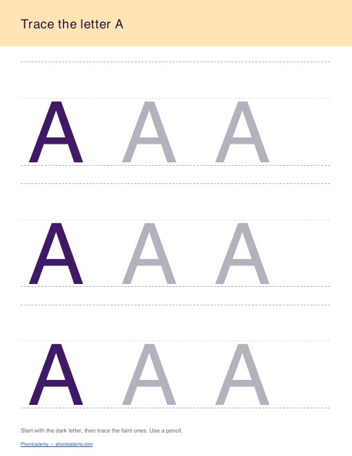 Letter A tracing worksheet, page 1