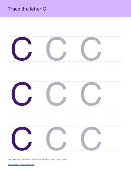 Letter C tracing worksheet, page 1