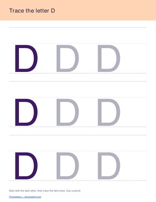 Letter D tracing worksheet, page 1