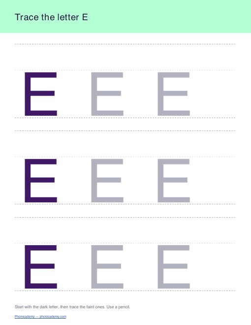 Letter E tracing worksheet, page 1