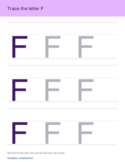 Letter F tracing worksheet, page 1