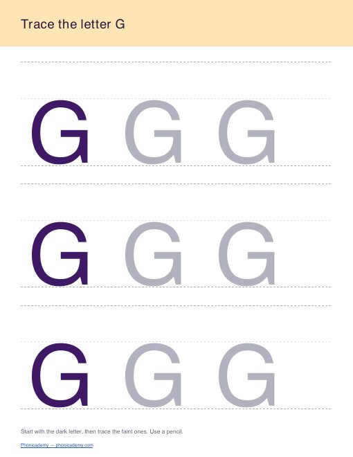 Letter G tracing worksheet, page 1