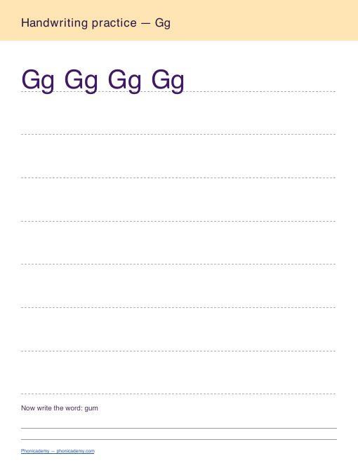 Letter G handwriting worksheet, page 2