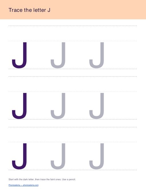 Letter J tracing worksheet, page 1