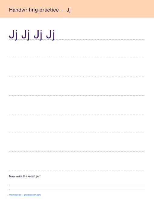 Letter J handwriting worksheet, page 2