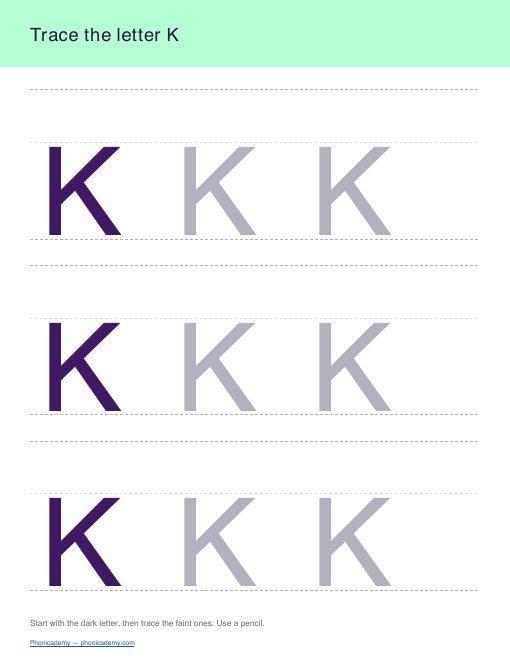 Letter K tracing worksheet, page 1