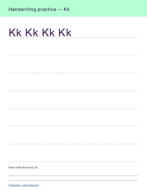Letter K handwriting worksheet, page 2