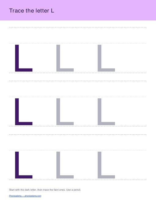 Letter L tracing worksheet, page 1