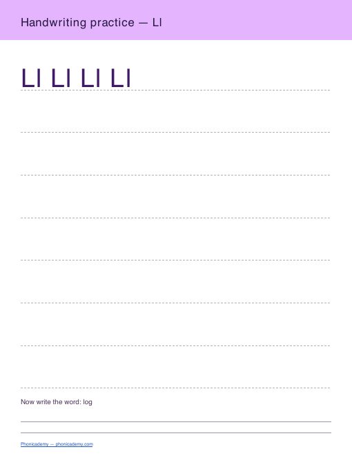 Letter L handwriting worksheet, page 2