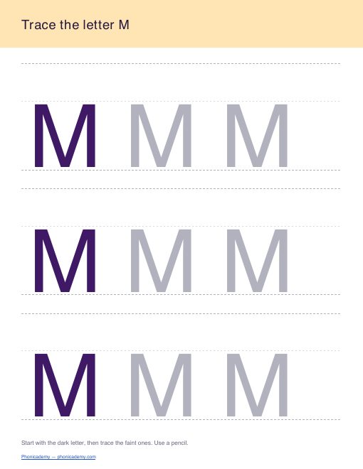 Letter M tracing worksheet, page 1