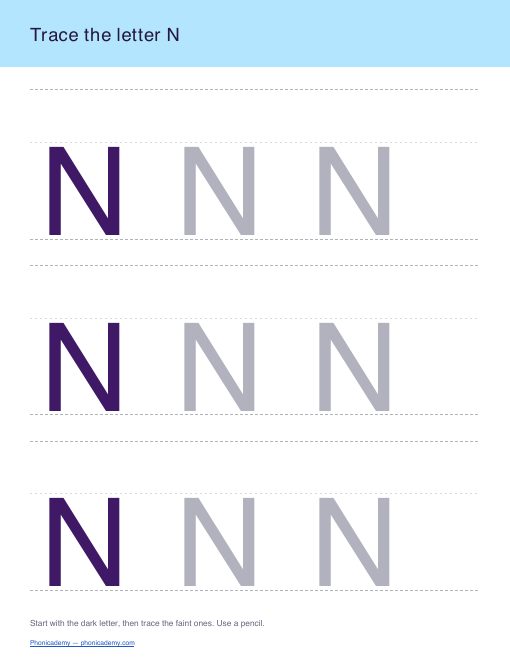 Letter N tracing worksheet, page 1