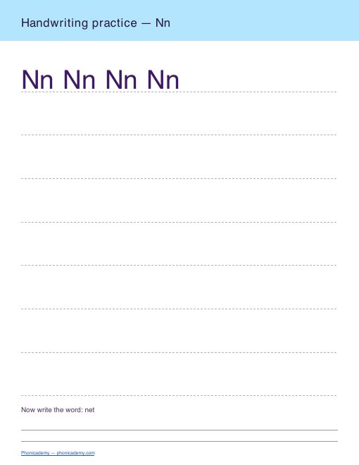 Letter N handwriting worksheet, page 2