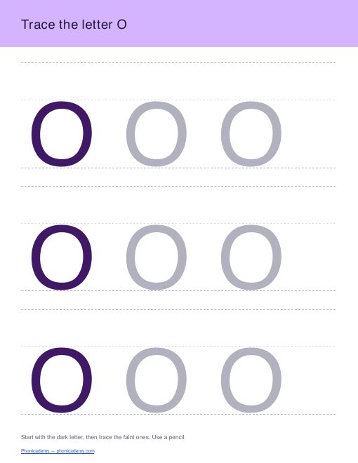 Letter O tracing worksheet, page 1