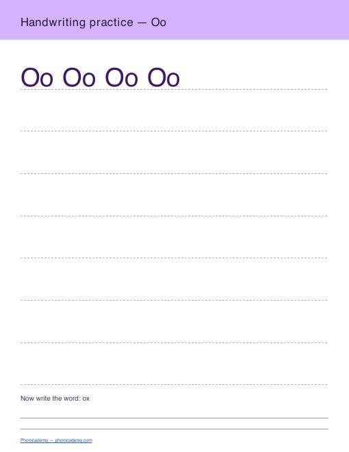 Letter O handwriting worksheet, page 2