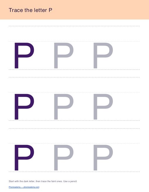 Letter P tracing worksheet, page 1