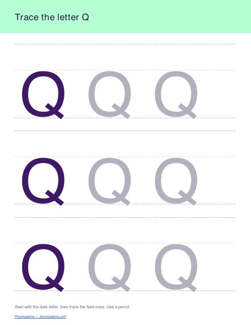 Letter Q tracing worksheet, page 1