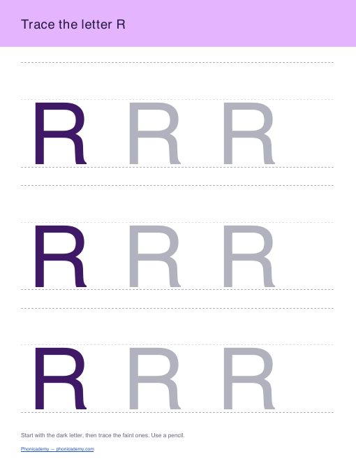 Letter R tracing worksheet, page 1