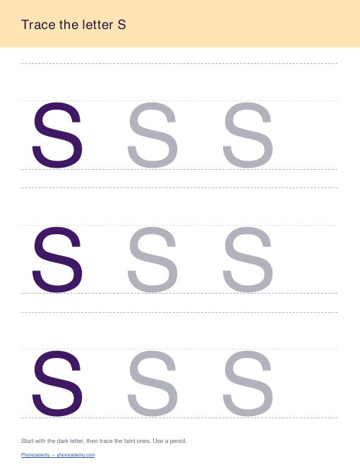 Letter S tracing worksheet, page 1
