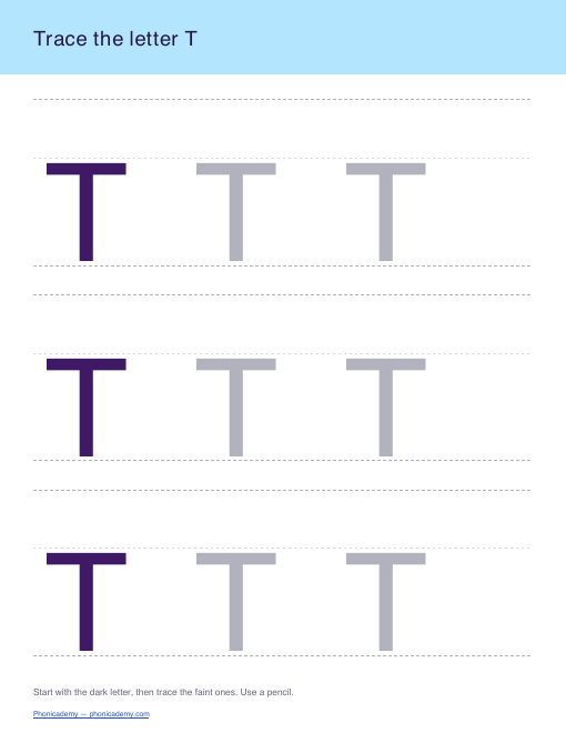 Letter T tracing worksheet, page 1
