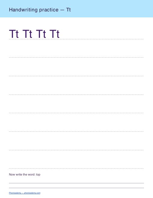 Letter T handwriting worksheet, page 2