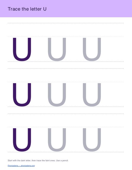Letter U tracing worksheet, page 1