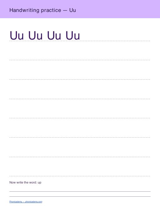 Letter U handwriting worksheet, page 2