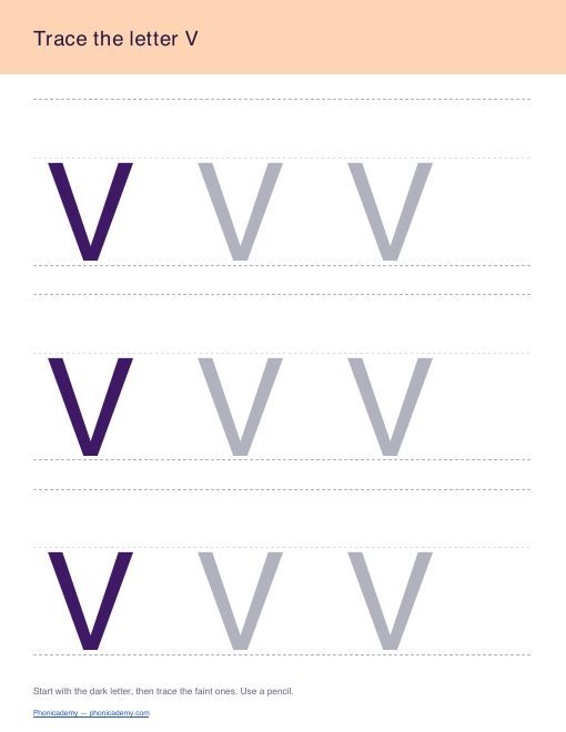 Letter V tracing worksheet, page 1