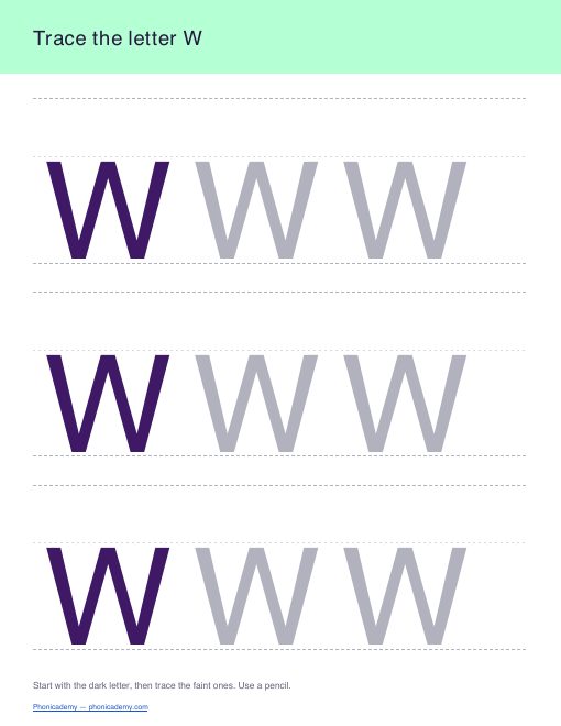 Letter W tracing worksheet, page 1