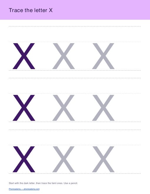 Letter X tracing worksheet, page 1