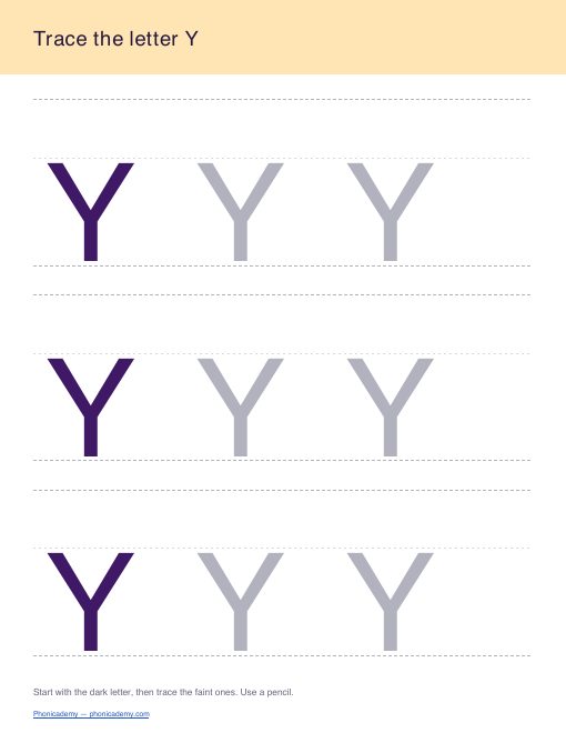 Letter Y tracing worksheet, page 1