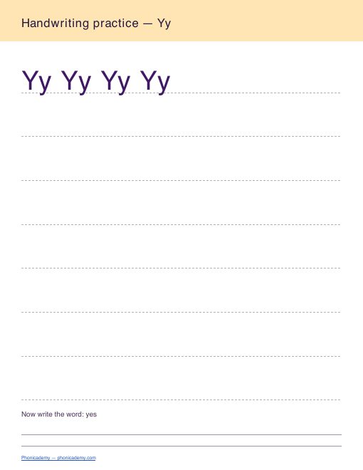 Letter Y handwriting worksheet, page 2