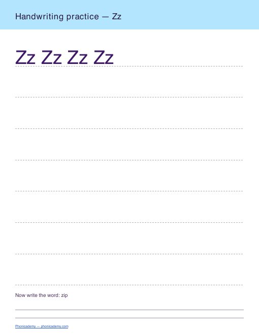 Letter Z handwriting worksheet, page 2