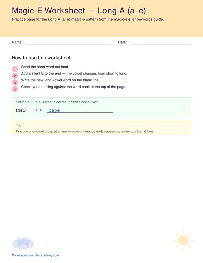Magic-E Worksheet — Long A (Free PDF)