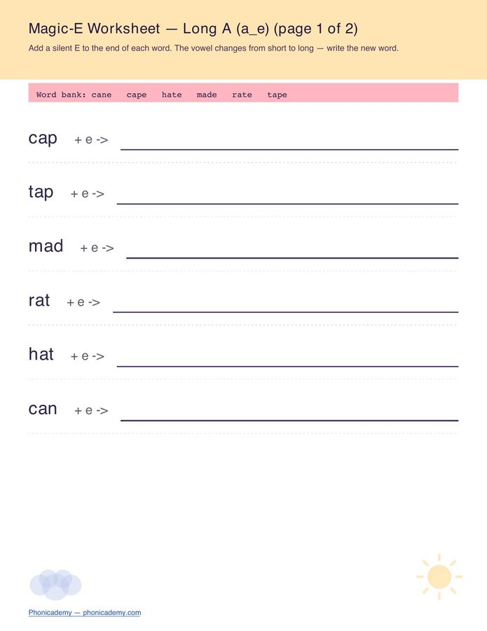Magic-E Worksheet — All 4 Vowels (Free PDF) — page 2