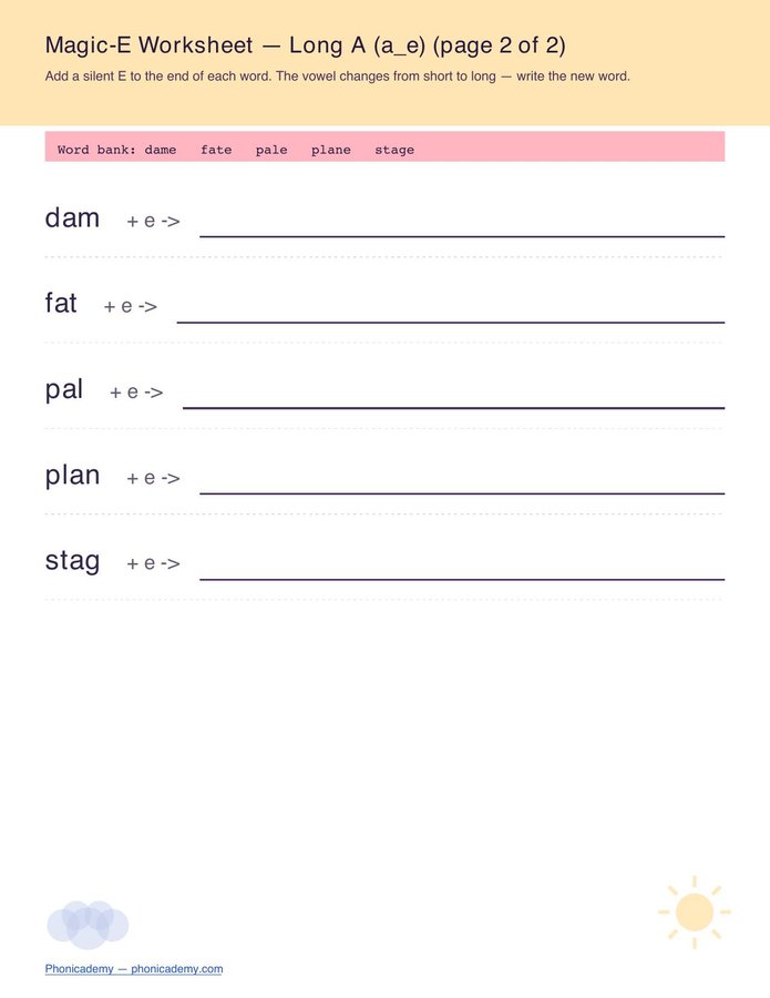 Magic-E Worksheet — All 4 Vowels (Free PDF) — page 3