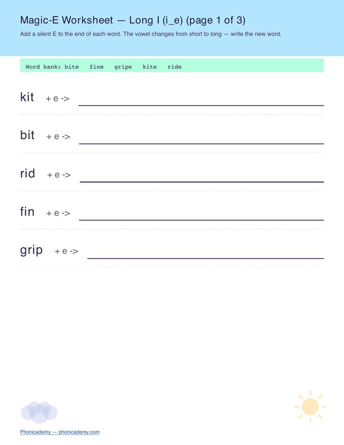 Magic-E Worksheet — All 4 Vowels (Free PDF) — page 4
