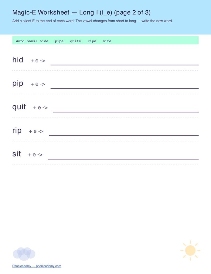 Magic-E Worksheet — All 4 Vowels (Free PDF) — page 5
