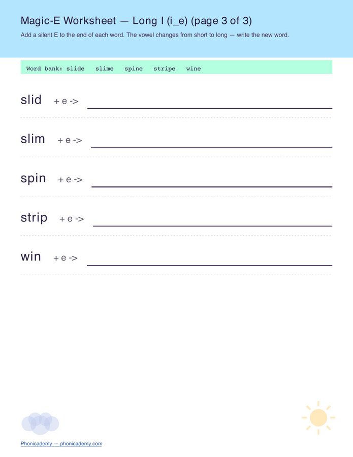 Magic-E Worksheet — All 4 Vowels (Free PDF) — page 6