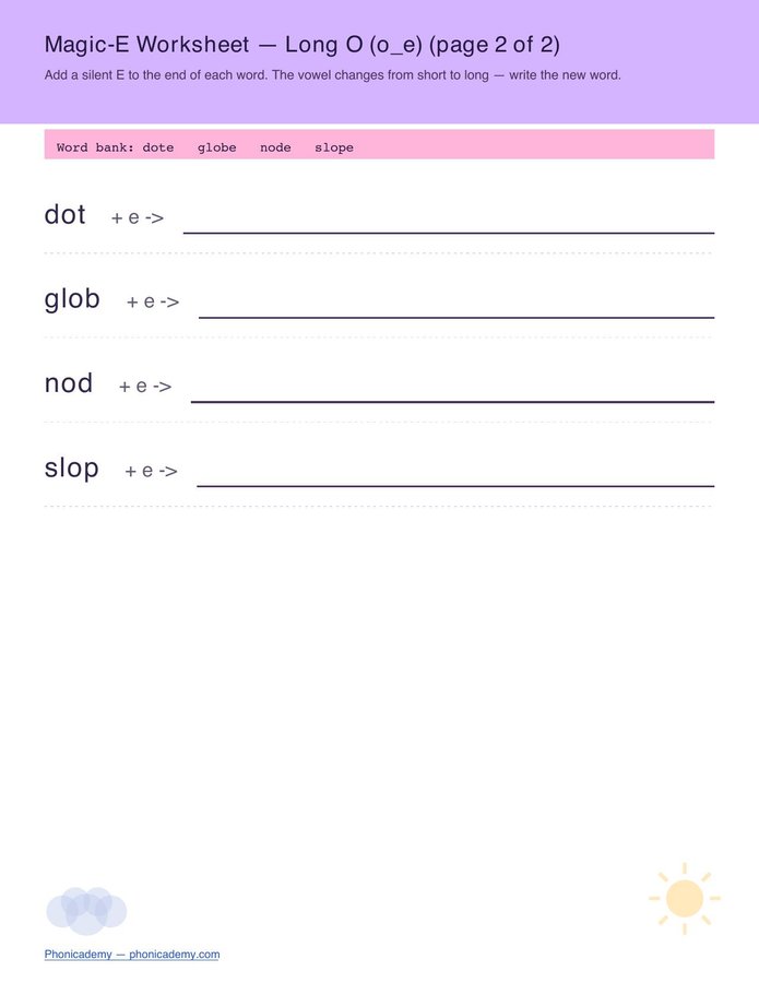 Magic-E Worksheet — All 4 Vowels (Free PDF) — page 8