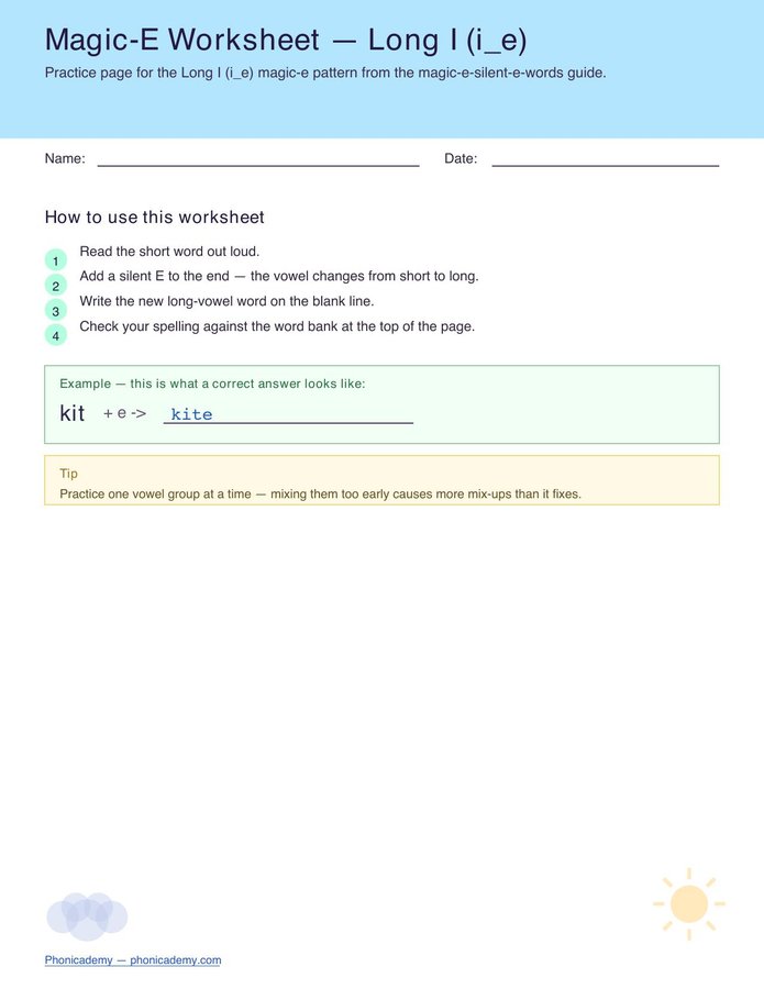 Magic-E Worksheet — Long I (Free PDF)