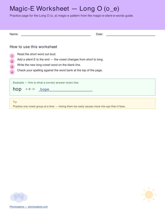 Magic-E Worksheet — Long O (Free PDF)