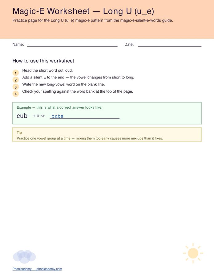 Magic-E Worksheet — Long U (Free PDF)