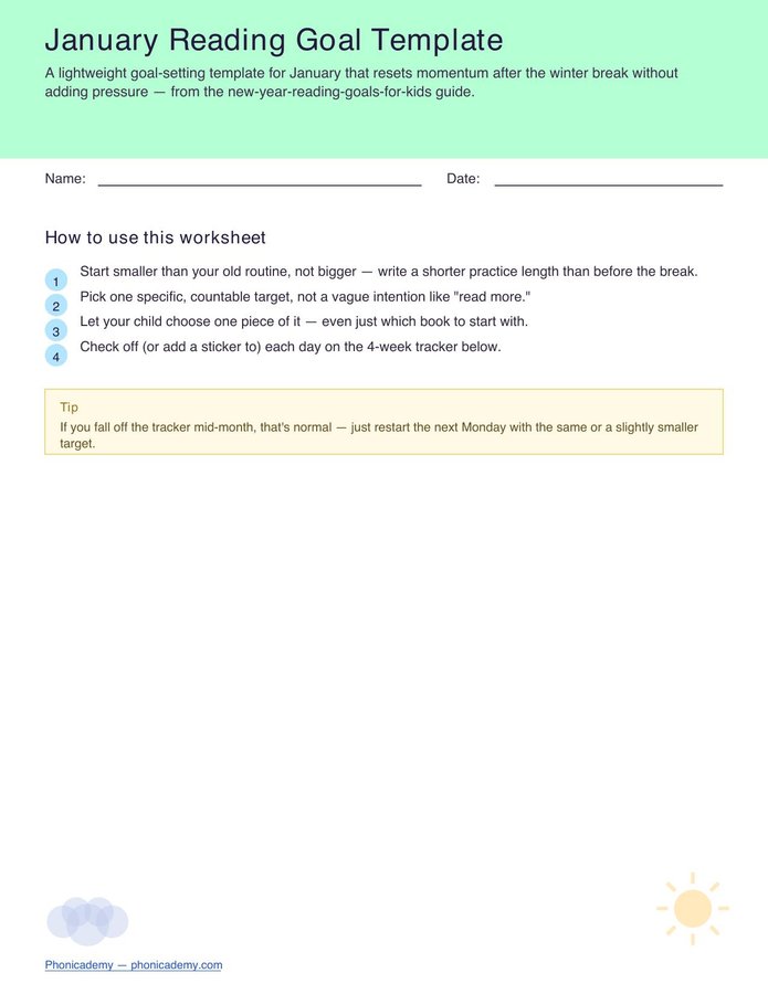 January Reading Goal Worksheet (Free PDF)