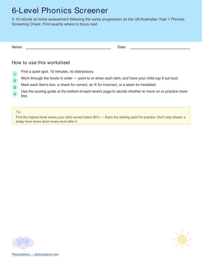 6-Level Phonics Screener (Free PDF)