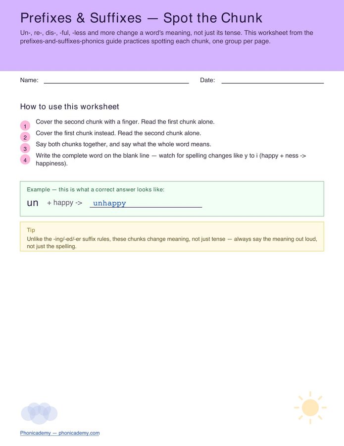 Prefixes & Suffixes — Spot the Chunk (Free PDF)