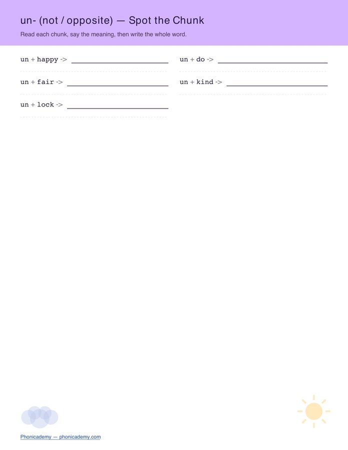 Prefixes & Suffixes — Spot the Chunk (Free PDF) — page 2