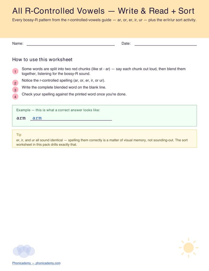 R-Controlled Worksheet — All 5 + Sort (Free PDF)